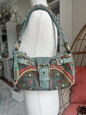 Isabella Fiore Cut‑A‑Rug Tapestry Leather Shoulder Bag – Y2K Boho Luxe RARE
